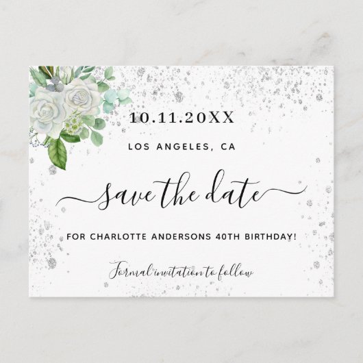 Verjaardagsfeest bloem wit groen save the date aankondigingskaart (Voorkant)