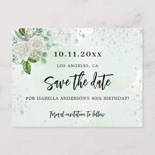 Verjaardagsfeest bloem wit groen save the date aankondigingskaart (Voorkant)