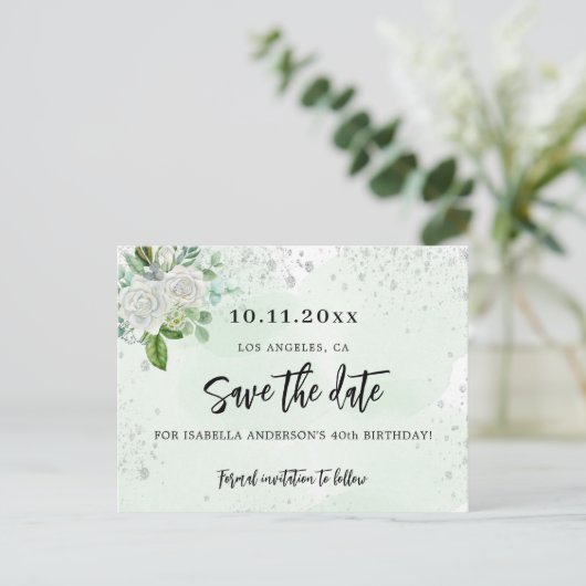 Verjaardagsfeest bloem wit groen save the date aankondigingskaart (Staand voorkant)