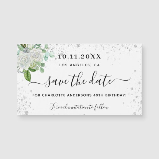 Verjaardagsfeest bloem wit save the date magneet (Voorkant)