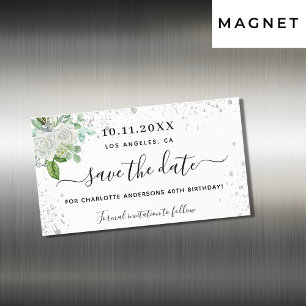 Verjaardagsfeest bloem wit save the date magneet