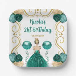 Verjaardagsfeest Blonde Princess in Blauwgroen Papieren Bordje