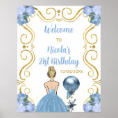 Verjaardagsfeest Blonde Prinses Blauw Welkom Poster (Voorkant)
