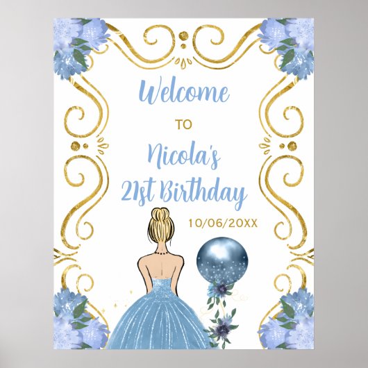 Verjaardagsfeest Blonde Prinses Blauw Welkom Poster (Voorkant)