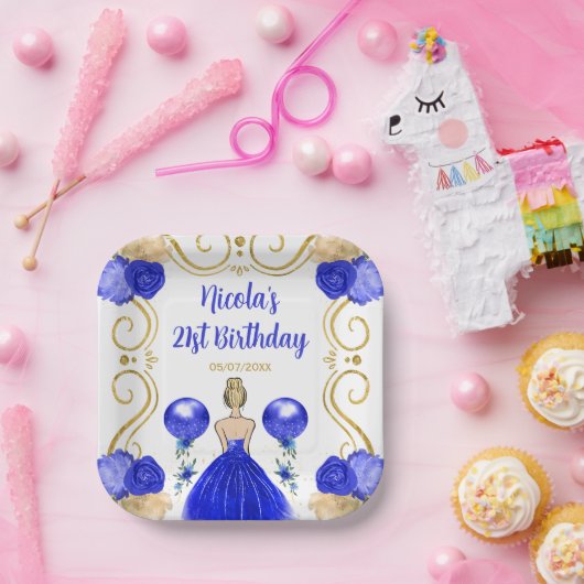 Verjaardagsfeest Blonde Prinses in Blauw Papieren Bordje (Feest)