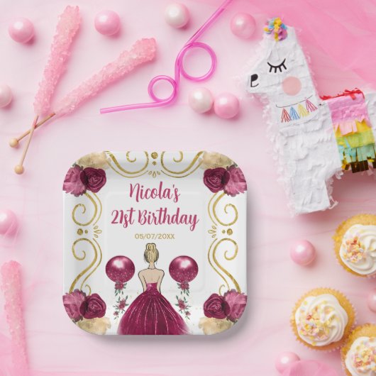 Verjaardagsfeest Blonde Prinses in Bourgondisch Ro Papieren Bordje (Feest)