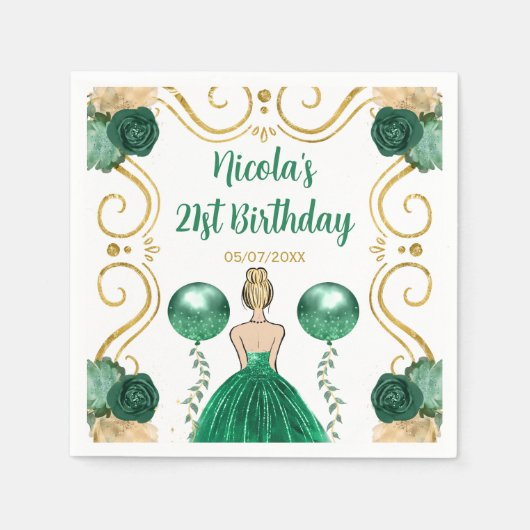 Verjaardagsfeest Blonde prinses in het groen Servet (Voorkant)