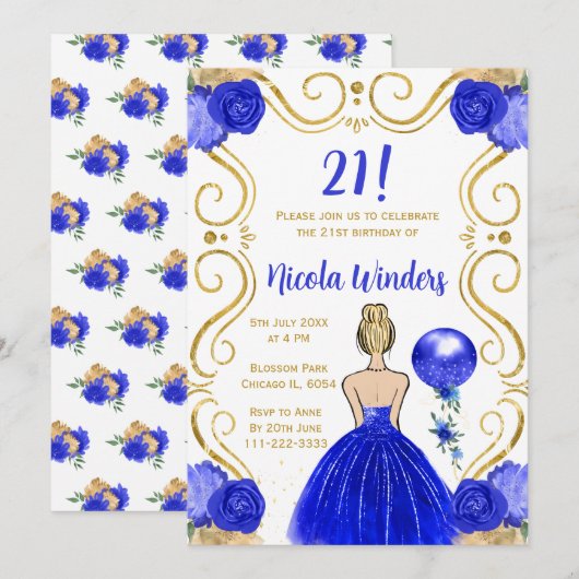 Verjaardagsfeest Blonde prinses in Royal Blue Kaart (Voorkant / Achterkant)
