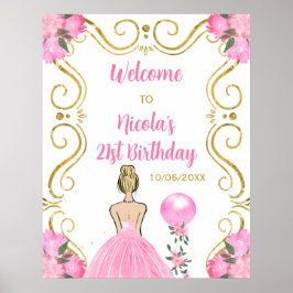 Verjaardagsfeest Blonde Prinses Roze Welkom Poster