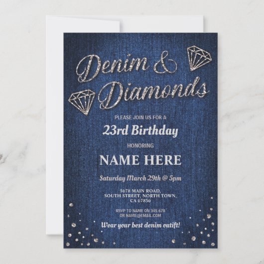 Verjaardagsfeest Blue Denim Silver Glitter Diamond Kaart (Voorkant)