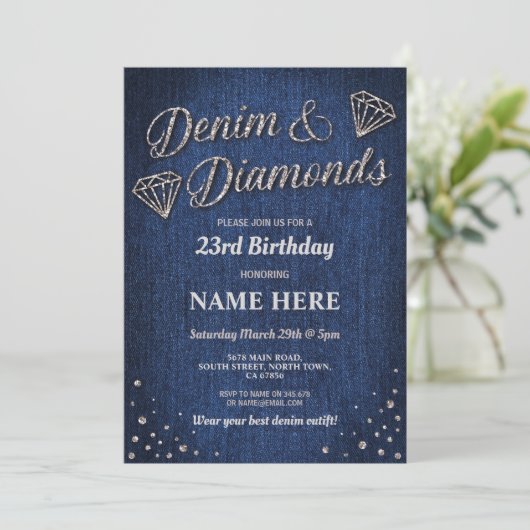 Verjaardagsfeest Blue Denim Silver Glitter Diamond Kaart (Staand voorkant)