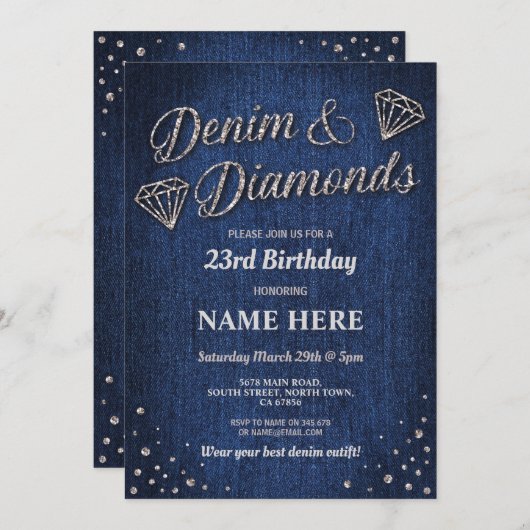Verjaardagsfeest Blue Denim Silver Glitter Diamond Kaart (Voorkant / Achterkant)