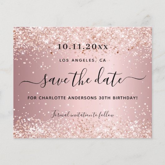 Verjaardagsfeest blush roze budget save the date flyer (Voorkant)