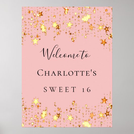 Verjaardagsfeest blush roze gouden sterren welkom poster (Voorkant)