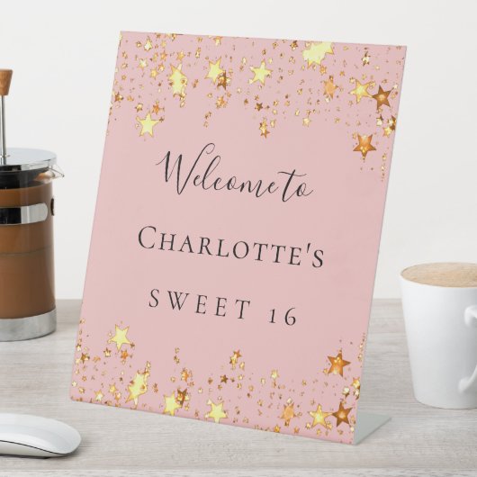 Verjaardagsfeest blush roze gouden sterren welkom reclamebord met voetstuk (Insitu)