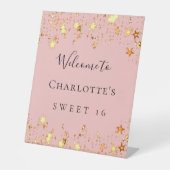 Verjaardagsfeest blush roze gouden sterren welkom reclamebord met voetstuk (Voorkant)