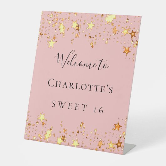 Verjaardagsfeest blush roze gouden sterren welkom reclamebord met voetstuk (Voorkant)