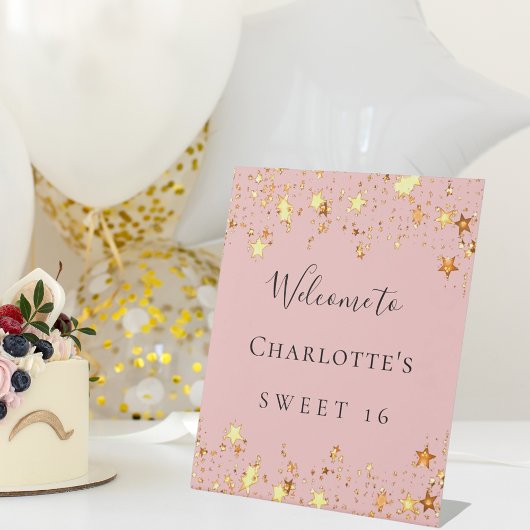 Verjaardagsfeest blush roze gouden sterren welkom reclamebord met voetstuk