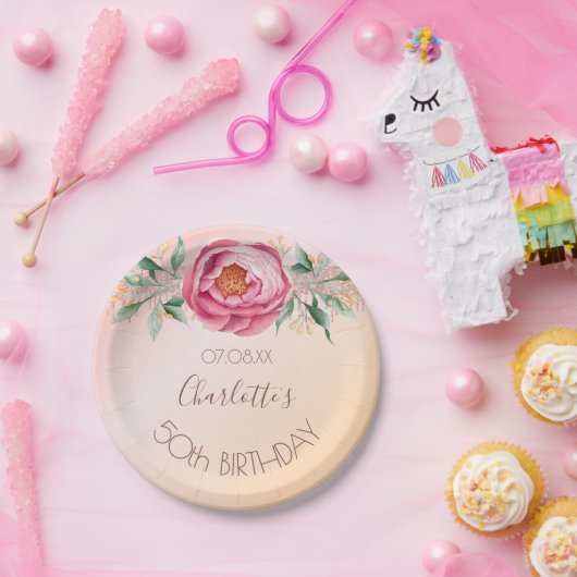 Verjaardagsfeest blush roze rose goud bloemen papieren bordje (Feest)