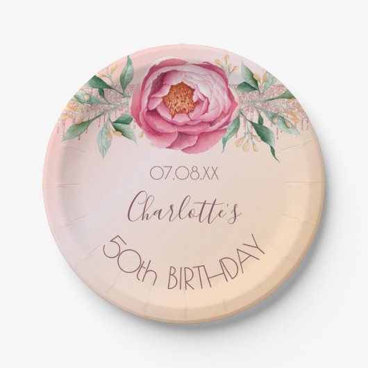 Verjaardagsfeest blush roze rose goud bloemen papieren bordje (Voorkant)