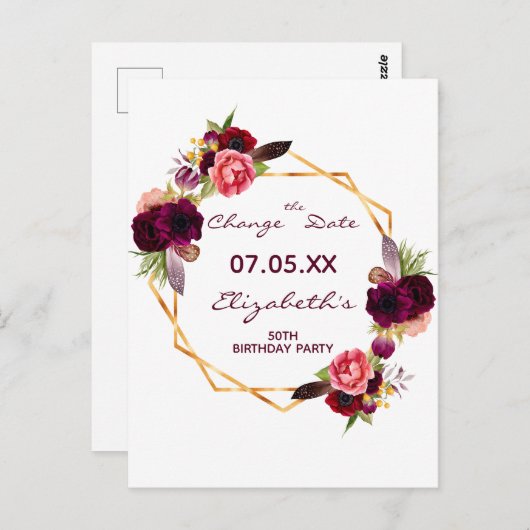 Verjaardagsfeest bordeauxrood wit Datum wijzigen Briefkaart (Voorkant / Achterkant)