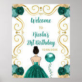 Verjaardagsfeest Bruin Haar Prinses Blauwgroen Wel Poster (Voorkant)