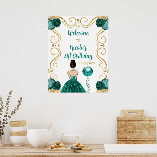 Verjaardagsfeest Bruin Haar Prinses Blauwgroen Wel Poster (Keuken)