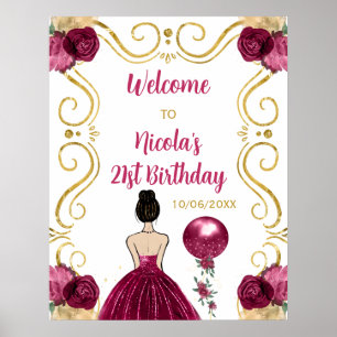 Verjaardagsfeest Bruin Haar Prinses Donkerrood Wel Poster
