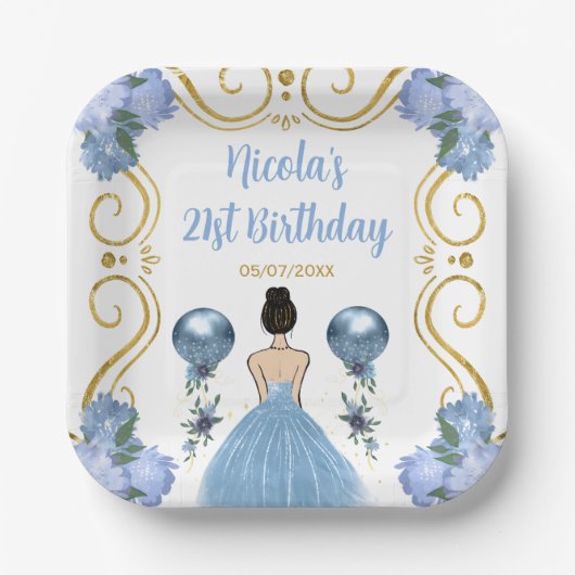 Verjaardagsfeest Bruin Haar Prinses in Dusty Blue Papieren Bordje (Voorkant)