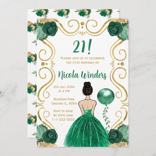 Verjaardagsfeest Bruin Haar Prinses in Groen Kaart (Voorkant / Achterkant)