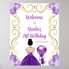 Verjaardagsfeest Bruin Haar Prinses Paarse Welkom Poster