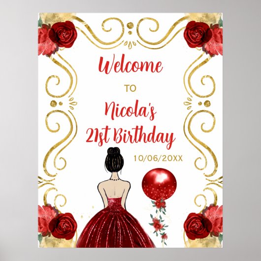 Verjaardagsfeest Bruin Haar Prinses Rood Welkom Poster (Voorkant)