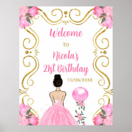 Verjaardagsfeest Bruin Haar Prinses Roze Welkom Poster