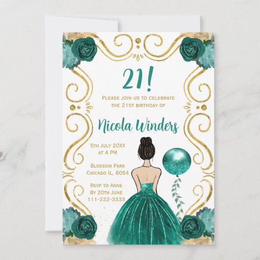 Verjaardagsfeest Bruine haarprinses in Blauwgroen Kaart (Voorkant)