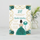 Verjaardagsfeest Bruine haarprinses in Blauwgroen Kaart (Staand voorkant)