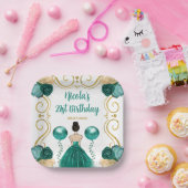 Verjaardagsfeest Bruine haarprinses in Blauwgroen Papieren Bordje (Feest)