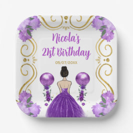 Verjaardagsfeest Bruine haarprinses in Paarse Papieren Bordje