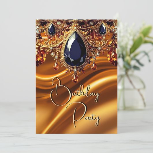 Verjaardagsfeest Caramel Goud Zijde Zwart Blauw ed Kaart (Staand voorkant)
