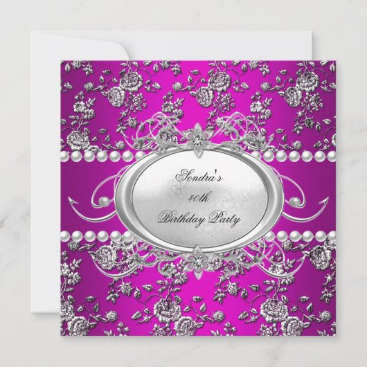 Verjaardagsfeest Damask Roze Paars Wit Parel Kaart (Voorkant)