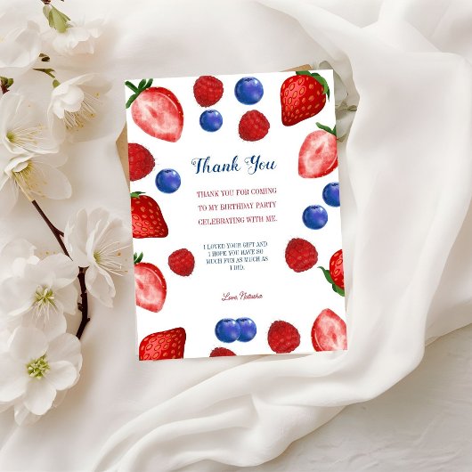Verjaardagsfeest dankjewel script, aardbeienthema briefkaart