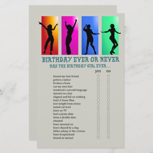Verjaardagsfeest Dansfeest Eens of Nooit Spel (Voorkant / Achterkant)