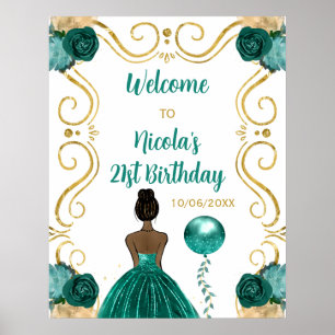 Verjaardagsfeest Dark Skin Princess Blauwgroen wel Poster