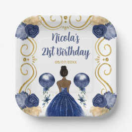Verjaardagsfeest Dark Skin Princess in Navy Blue Papieren Bordje