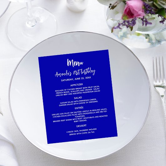 Verjaardagsfeest diner menu koninklijk blauw wit b