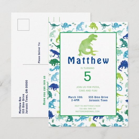 Verjaardagsfeest dinosaurus T-Rex Kinder uitnodigi Uitnodiging Briefkaart (Voorkant / Achterkant)