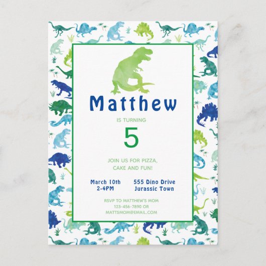 Verjaardagsfeest dinosaurus T-Rex Kinder uitnodigi Uitnodiging Briefkaart (Voorkant)