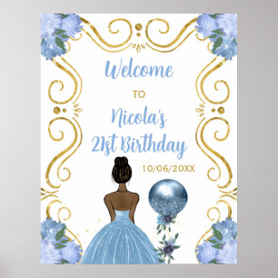 Verjaardagsfeest Donkere huid Prinses Blauw Welkom Poster
