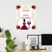 Verjaardagsfeest Donkere Huid Prinses Donkerrood W Poster (Thuiskantoor)