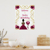 Verjaardagsfeest Donkere Huid Prinses Donkerrood W Poster (Keuken)