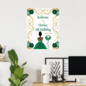 Verjaardagsfeest Donkere huid Prinses Groen Welkom Poster (Thuiskantoor)